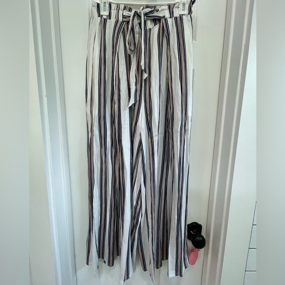 Simple White and Blue Striped Wide-Leg Pants